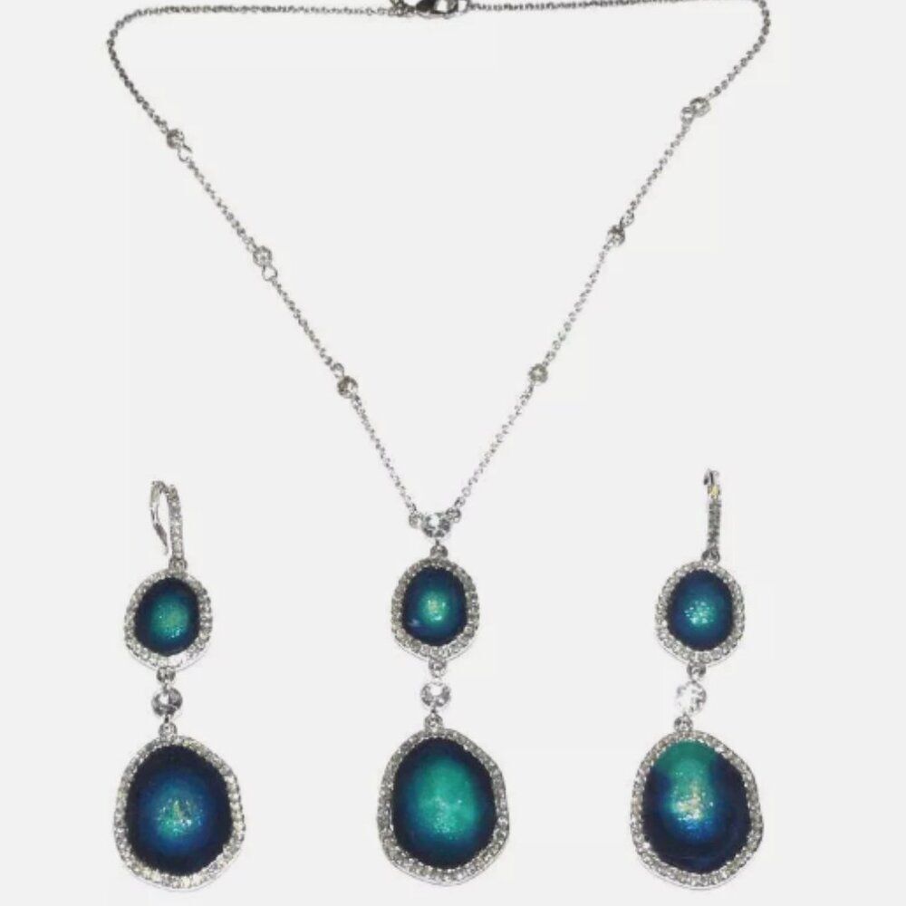 Vintage Avon Faux Turquoise Blue Geode Rhinestone Drop Necklace and Earrings Set